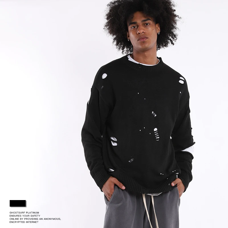 Мужские свитера в стиле хип-хоп уличная одежда Ретро стиль Рваные дыры Harajuku