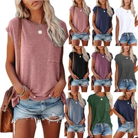 european and american womens 2022 solid color round neck pocket split shoulder short sleeved t shirt womens clothing