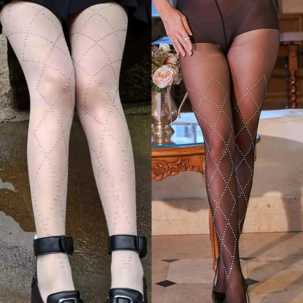 

women's Silk Stockings High-end Diamond Pattern Socks Thin Style with Rhinestone Sexy Pantyhose Party Club Black Stockings New