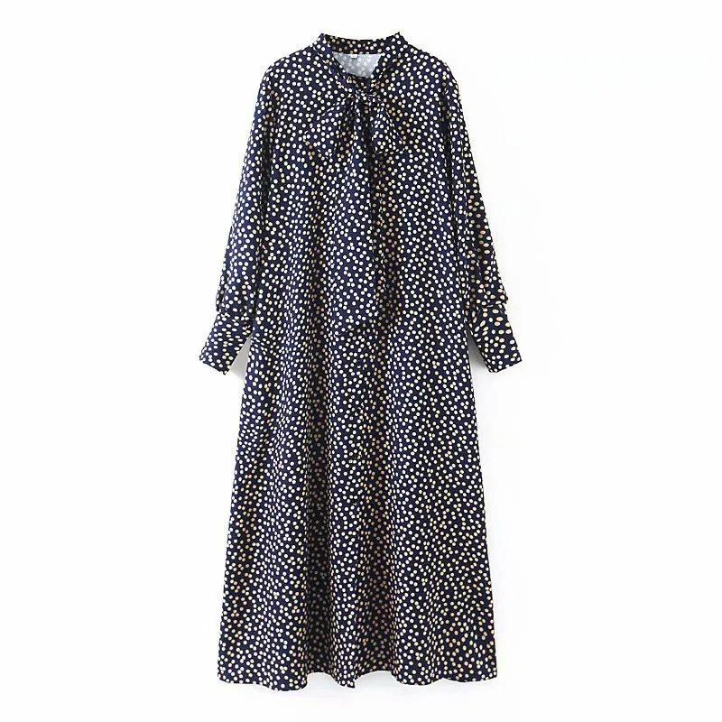 Элегантное платье миди в горошек с длинным рукавом и галстуком бабочкой Женская