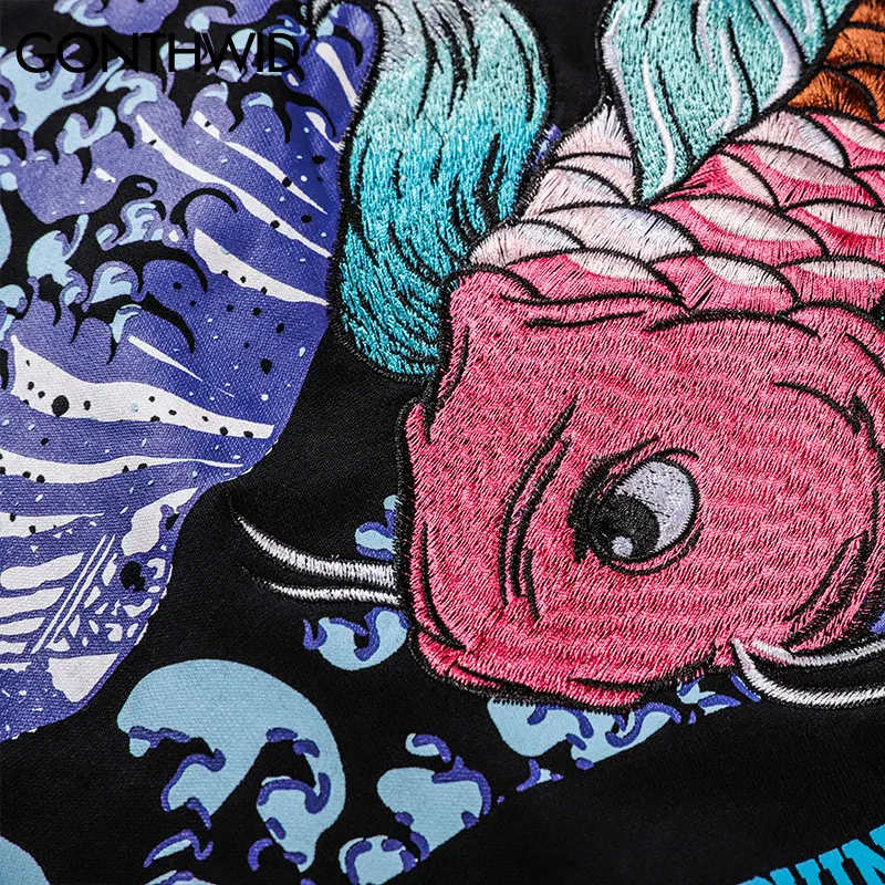 GONTHWID Embroidered Carp Koi Fish Seawave Print Hoodies Sweatshirts Harajuku Hip Hop Fashion Pullover Streetwear Tops | Мужская одежда