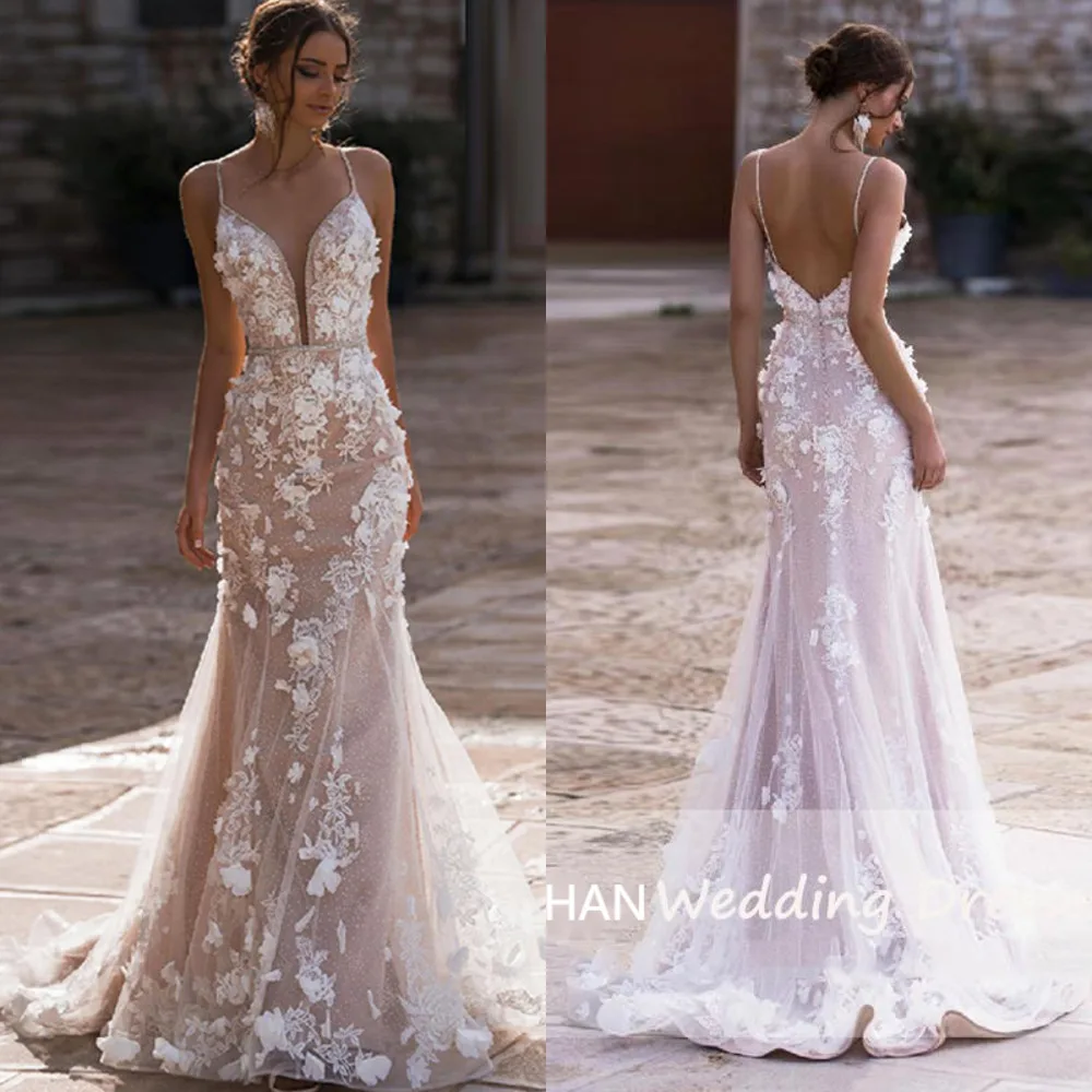 

Vintage Mermaid Wedding Dresses Lace Appliques V-neck Bride Dress 3D Flowers Backless Wedding Gown Vestido De Noiva Casamento