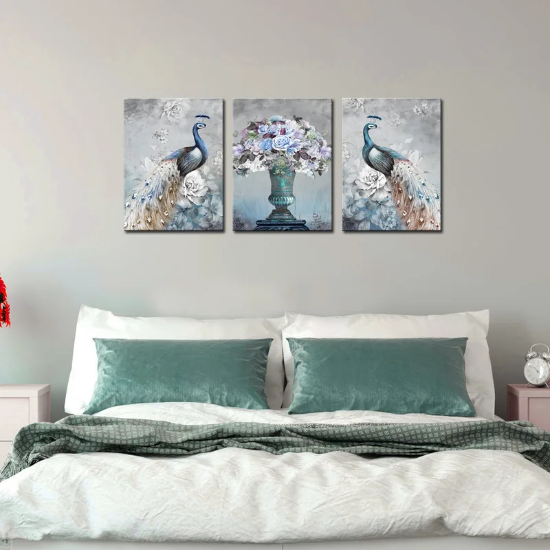 

3 Pieces Canvas Posters and Prints Bedroom Beautiful Peacock and Flowers Print Home Decor Poster for Room Decoration Pictures