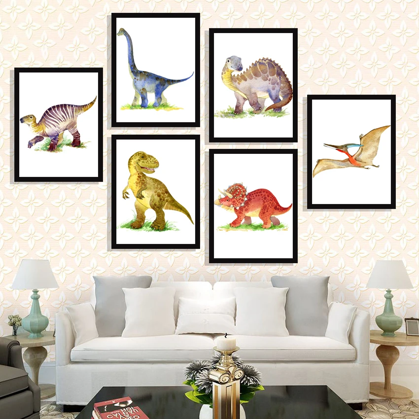 Динозавр Тираннозавр Рекс Трицератопс Живопись на холсте Нордические постеры и печати Картины животных Детские декорации для комнаты малышей.