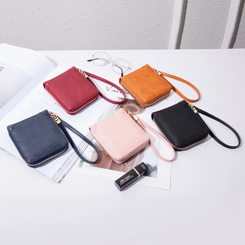 

Короткий кошелек, Модный высококачественный маленький кошелек с ремешком на запястье, держатель для карт, винтажный Женский, однотонный, на...
