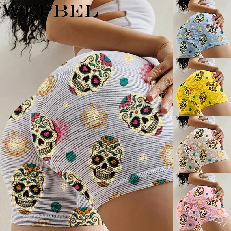 

WEPBEL Women Skinny Shorts Casual Elastic Wasit Skull Print Short Pants Slim Fit Leggings