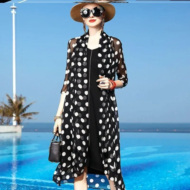 

Elegant Jacket Long Cardigan Coats Female Polka Dot Sunscreen Coat Chaqueta Mujer Summer Women Beach Bikini Chiffon Jackets