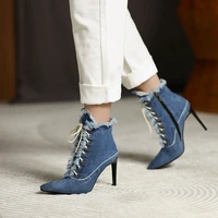 2021 winter new washed denim thin heel pointed high heel lace up side zipper fashion womens boots h6 204