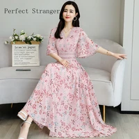high quality cute 2021 summer new arrival v collar flare sleeve flower printed lace collect waist woman chiffon long dress