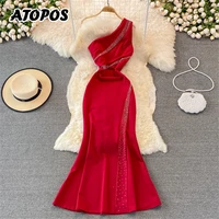 atopos one shoulder evening party dress fashion patchwork women fishtail maxi dresses sexy vestidos robe female clothes 2022
