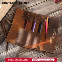 genuine leather retro luxury pencil cases roll pen bag storage pouch for stationery school supplies makeup cosmetic bag holder