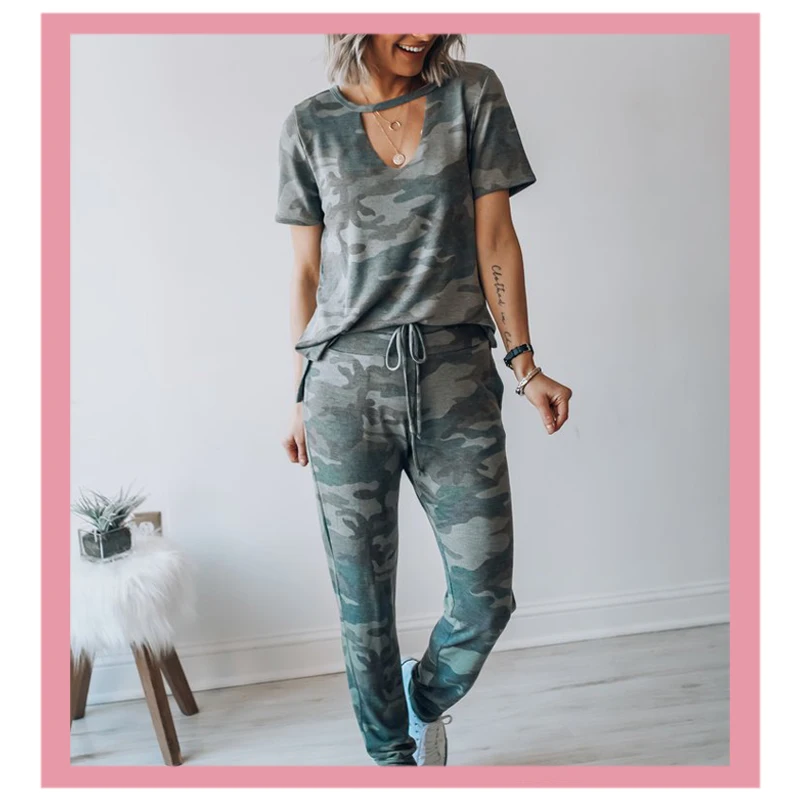 Женский спортивный костюм из 2 предметов зеленый Камуфляжный топ и брюки