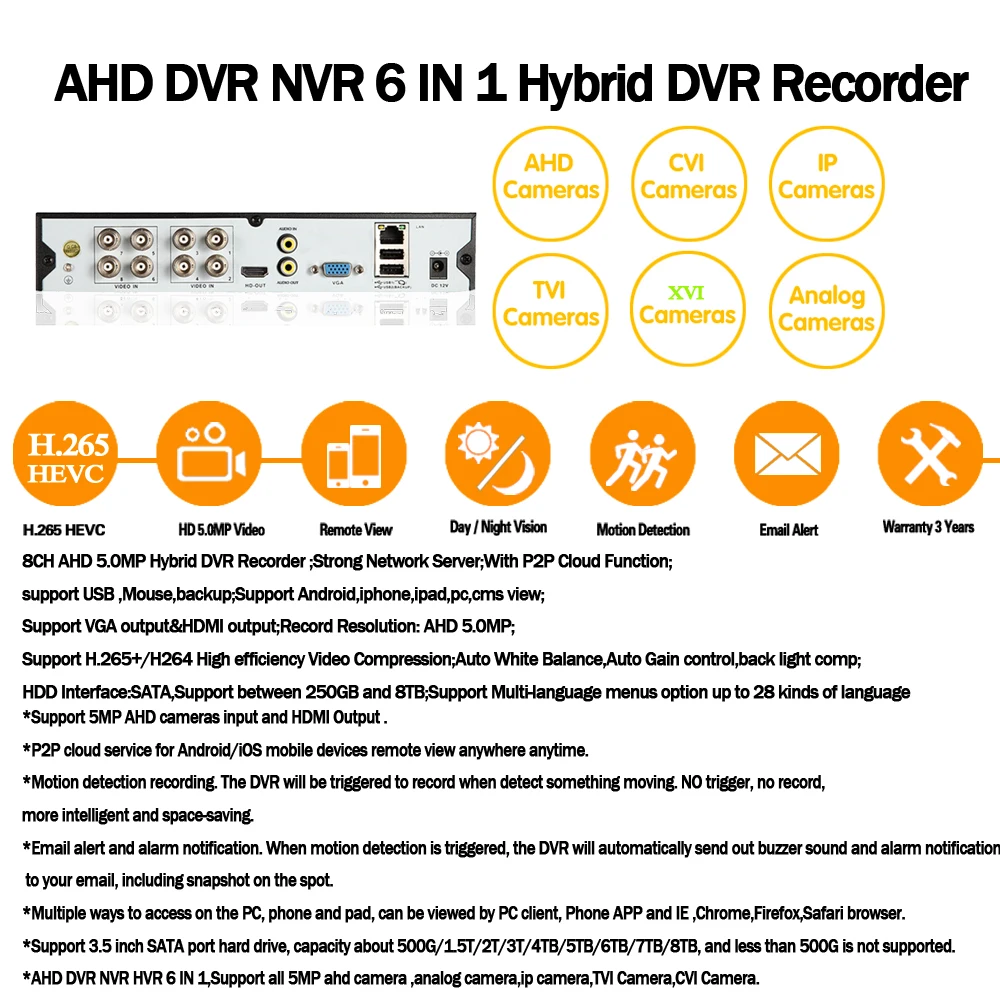 

4CH 8CH 6 in 1 5MP 4MP AHD DVR Hybrid Video Recorder Support 4/5MP AHD Camera 5MP IP Camera CCTV Home Security System Onvif