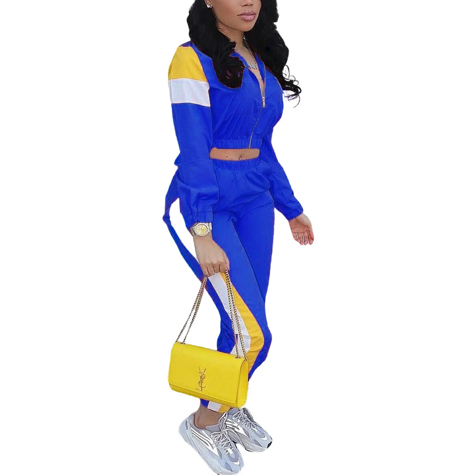 

Women 2 Pcs Tracksuit Sets, Color Block Zipper Long Sleeve Sweatshrit Top + Elastic Waist Long Pants