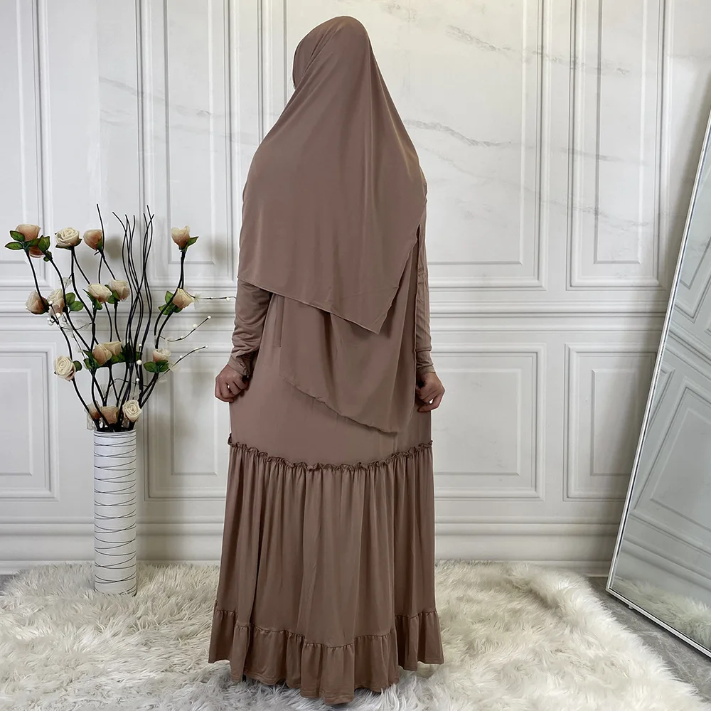 Женский молитвенный комплект Abaya из 2 предметов, химар хиджаб, Платье макси с оборками на молнии и манжетами в несколько рядов, джилбаб, ислам...