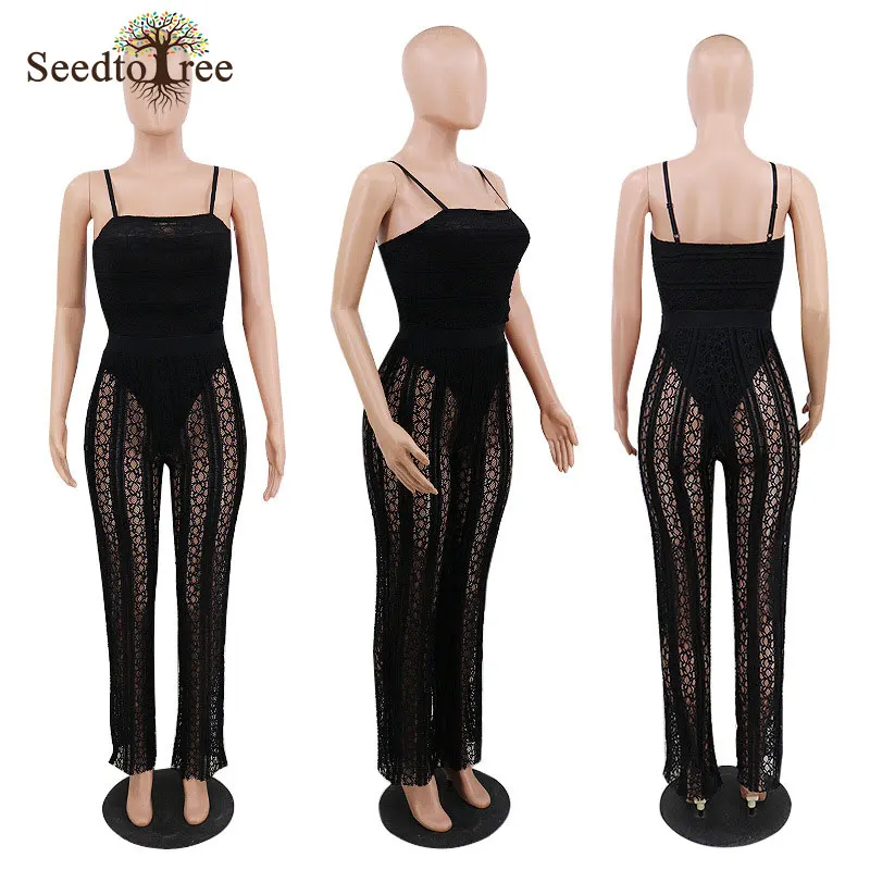 Облегающие Комбинезоны на бретелях спагетти и сетчатые брюки с высокой талией