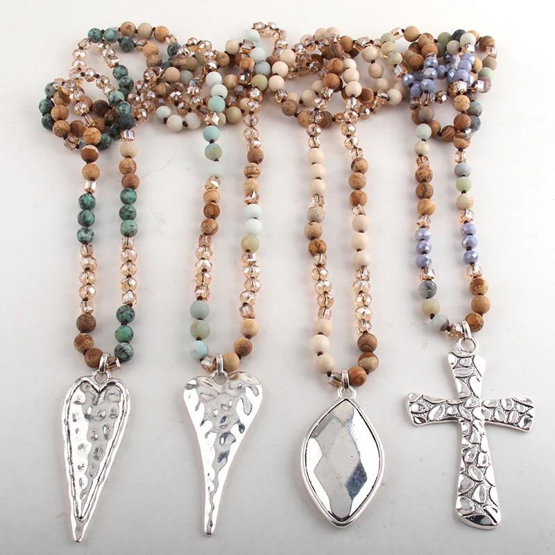 

Fashion Bohemian Tribal Jewelry Multi Stone Beige Glass Long Knotted Silve Metal Heart Pendant Necklaces For Women Necklace