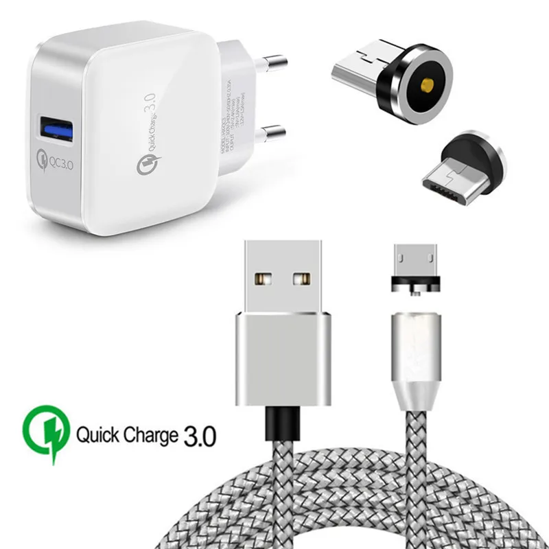 EU charger and cable Для samsung A7 A6 J4 J6 J7 Neo huawei Honor 9 lite zte Blade V7 V8 мобильный телефон QC 3,0 быстрое зарядное устройство+ Магнитный Micro USB кабель - Тип штекера: EU charger and cable