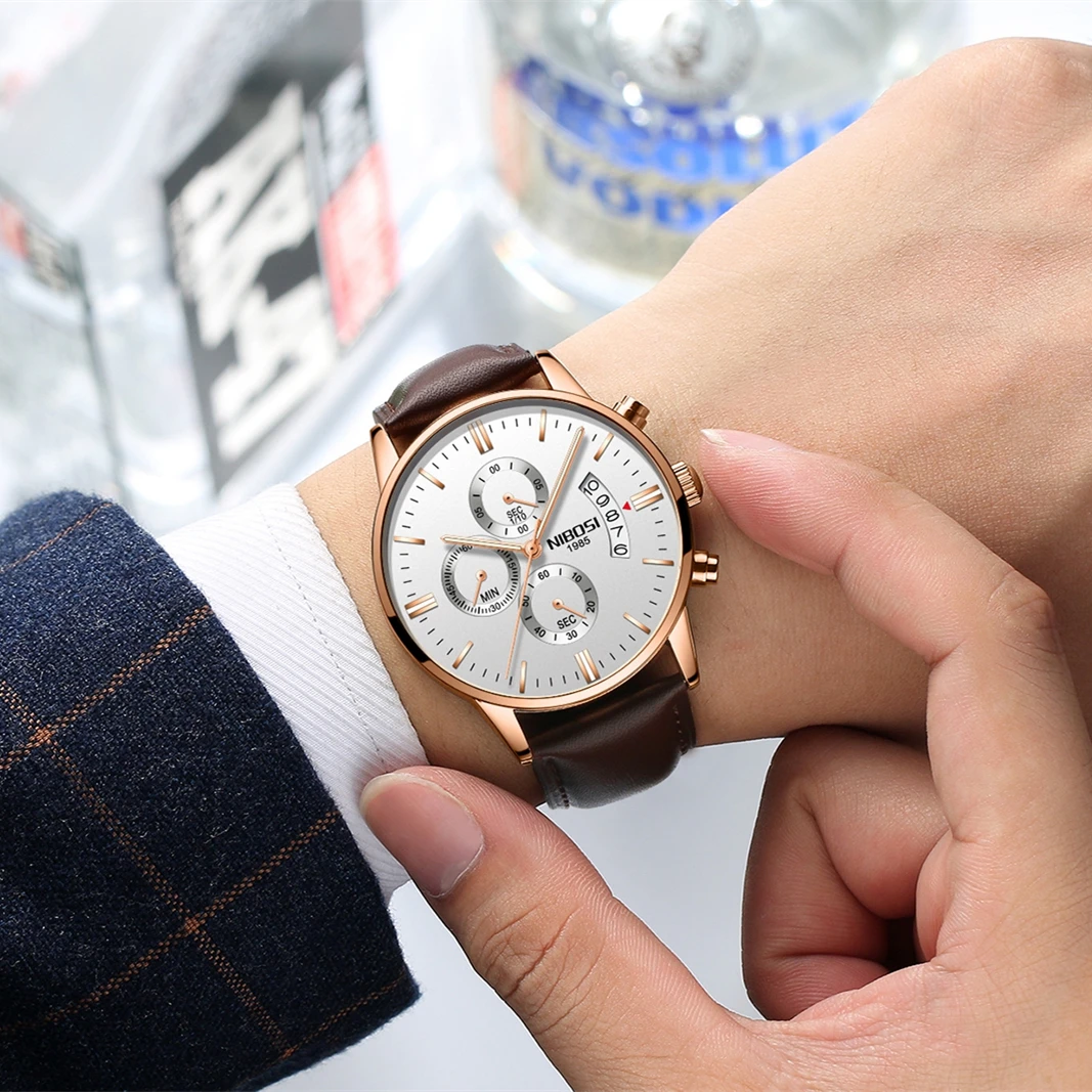 

2021 NIBOSI Mens Watches Leather Strap Business Quartz Watch Fashion Casual Waterproof Chronograph Top Brand Luxury Watch Men