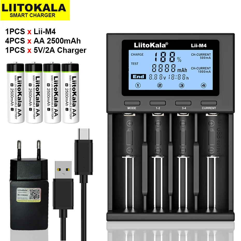 

NEW LiitoKala Lii-M4 18650 li ion battery Smart Charger Test capacity + 4pcs AA 1.2V NiMH 2500mAh Rechargeable batteries