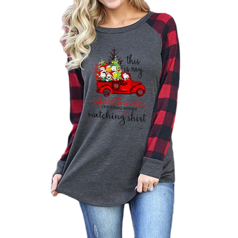 

Christmas Car Print Shirts for Women Harajuku Long Sleeve Womens Clothing 2020 Marry Christmas Graphic Tee Patchwork