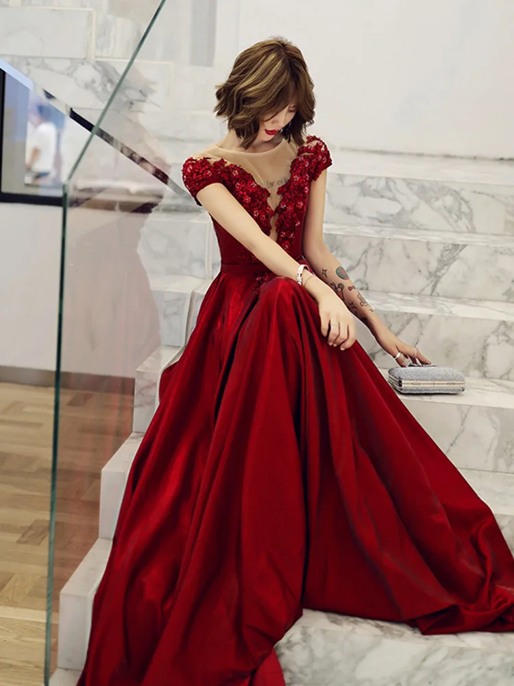 It's Yiya Вечернее Платье бордовое аппликации одежда с вышивкой de Soiree короткий рукав o-образным вырезом Формальные платья большого размера E1330