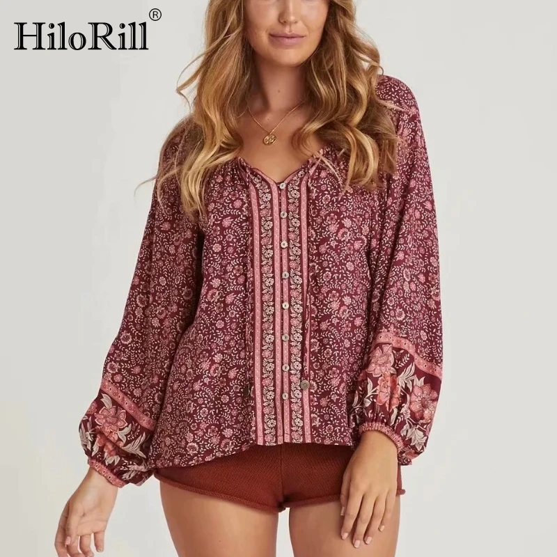 

HiloRill Bohemian Floral Print Blouse Women V Neck Casual Loose Blouses 2021 Lantern Long Sleeve Summer Chic Tops Blusas Mujer
