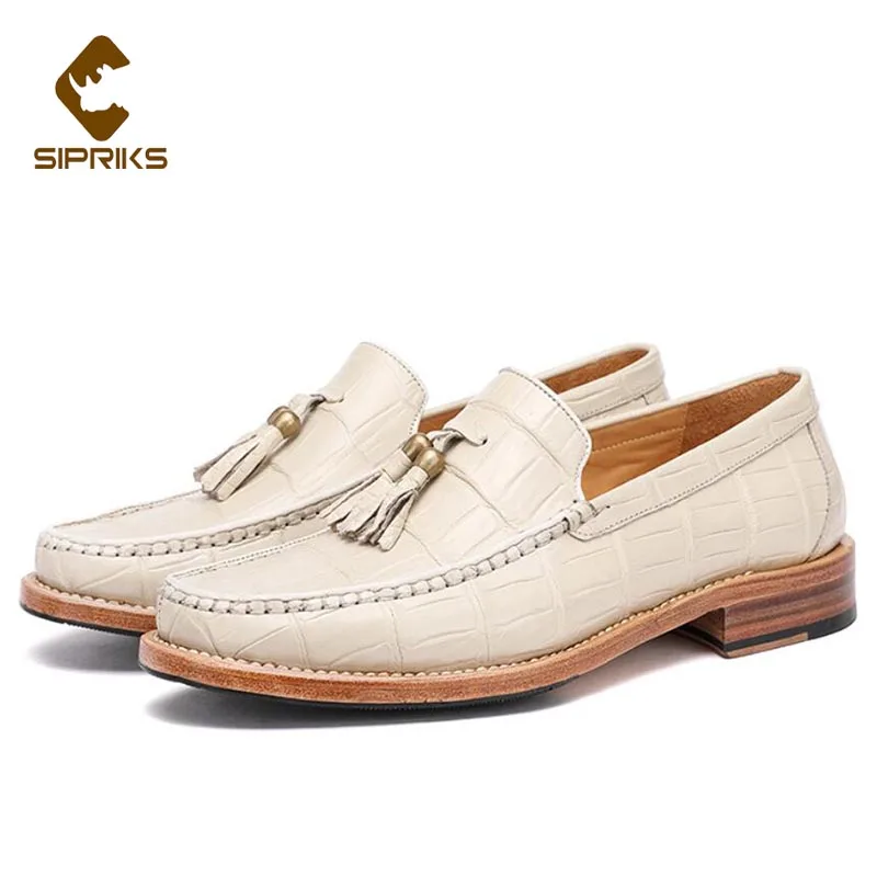 

Sipriks Mens Beige Tassel Loafers Original Crocodile Skin Shoes Luxury Brand British Goodyear Welted Shoes Billionaire Footwear