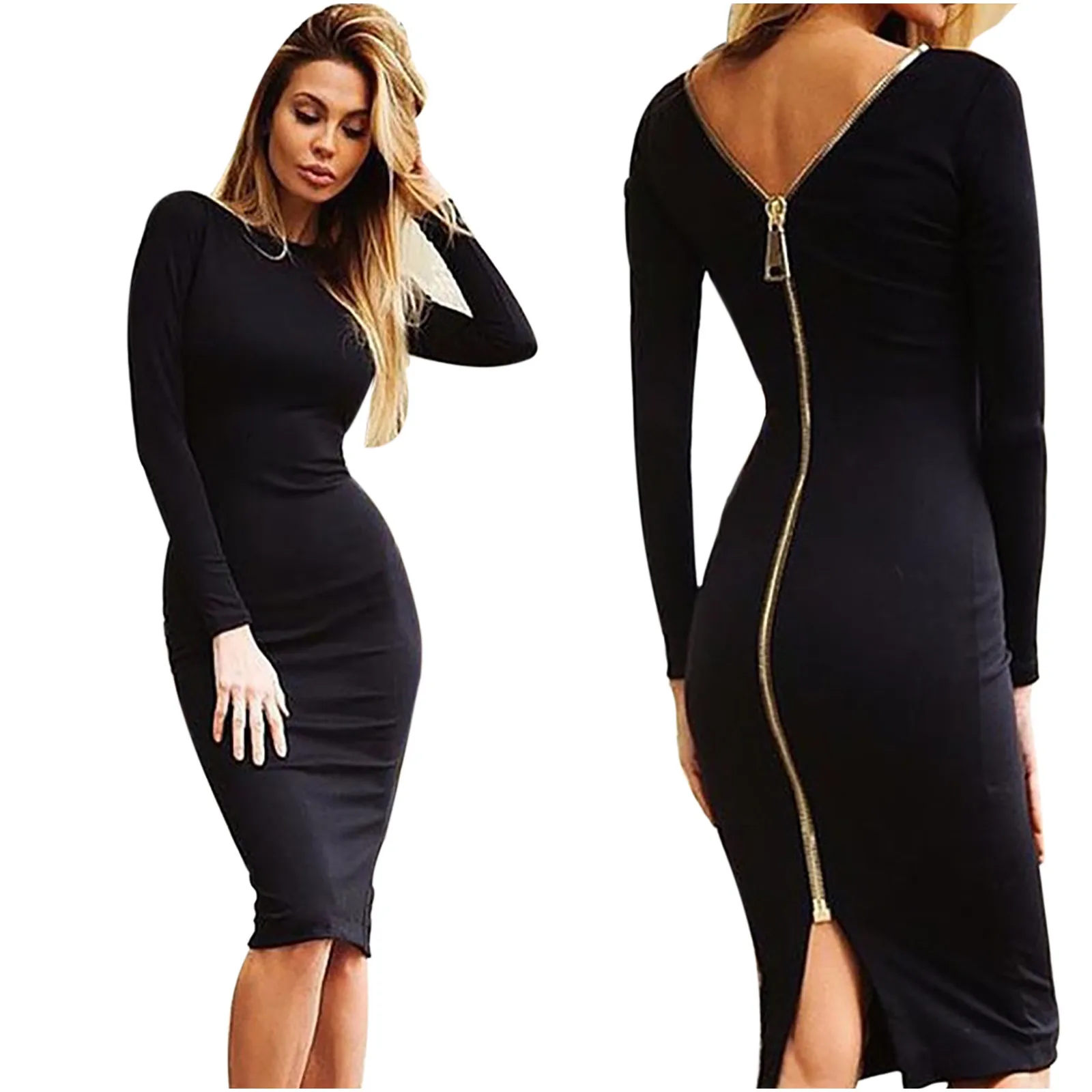 

Trendyland Fashion Women Solid Color Long Sleeve Sexy Back Zipper Tight Vintage Long Dress Designer Wear Dresses Dropshipping