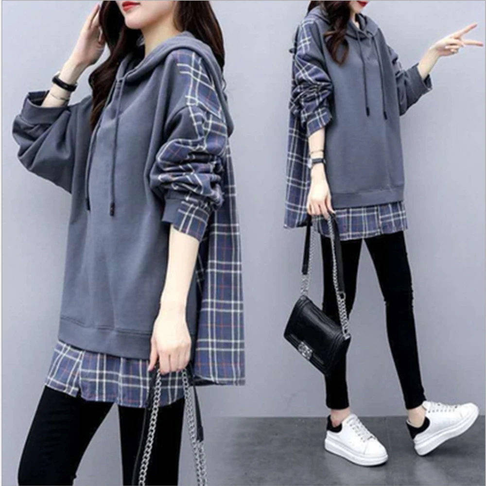 

Women Casual Fake Two Piece Hoodies Sweatshirts Fashion British Style Fake Plaid Shirt Oversized Loose Spring Pullover S21008
