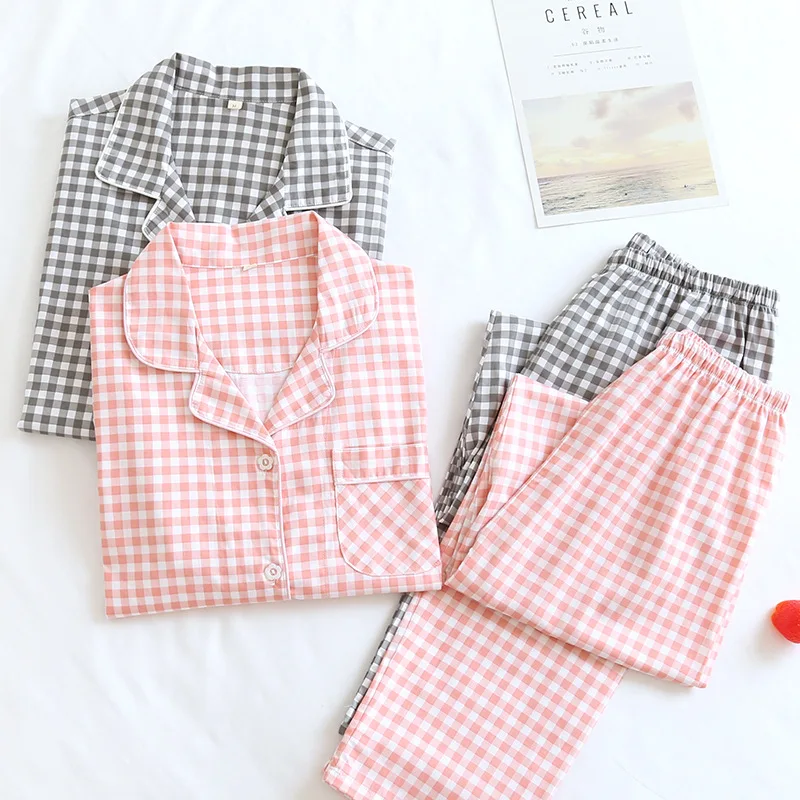 

Women's Pajamas Set Couples 100% Cotton Long-sleeved Trousers Men and Women Plaid Two-piece Suit Home Service Sleepwear Women