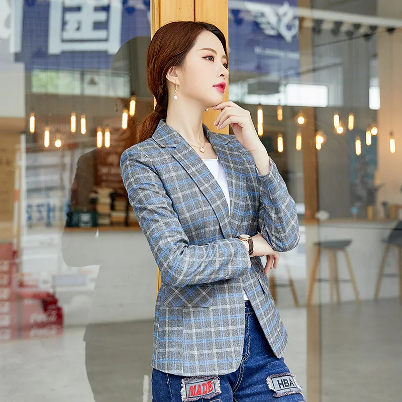 Женский клетчатый блейзер с длинным рукавом и двумя карманами|Женские пиджаки| |