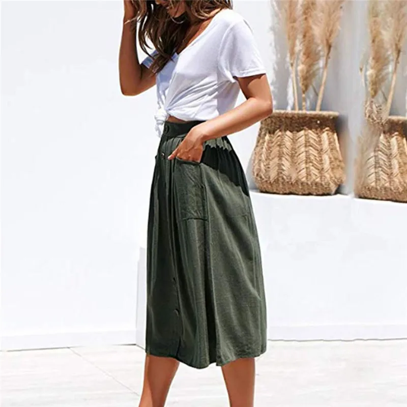 Женская Однотонная юбка миди LITTHING модная однобортная средней длины с высокой