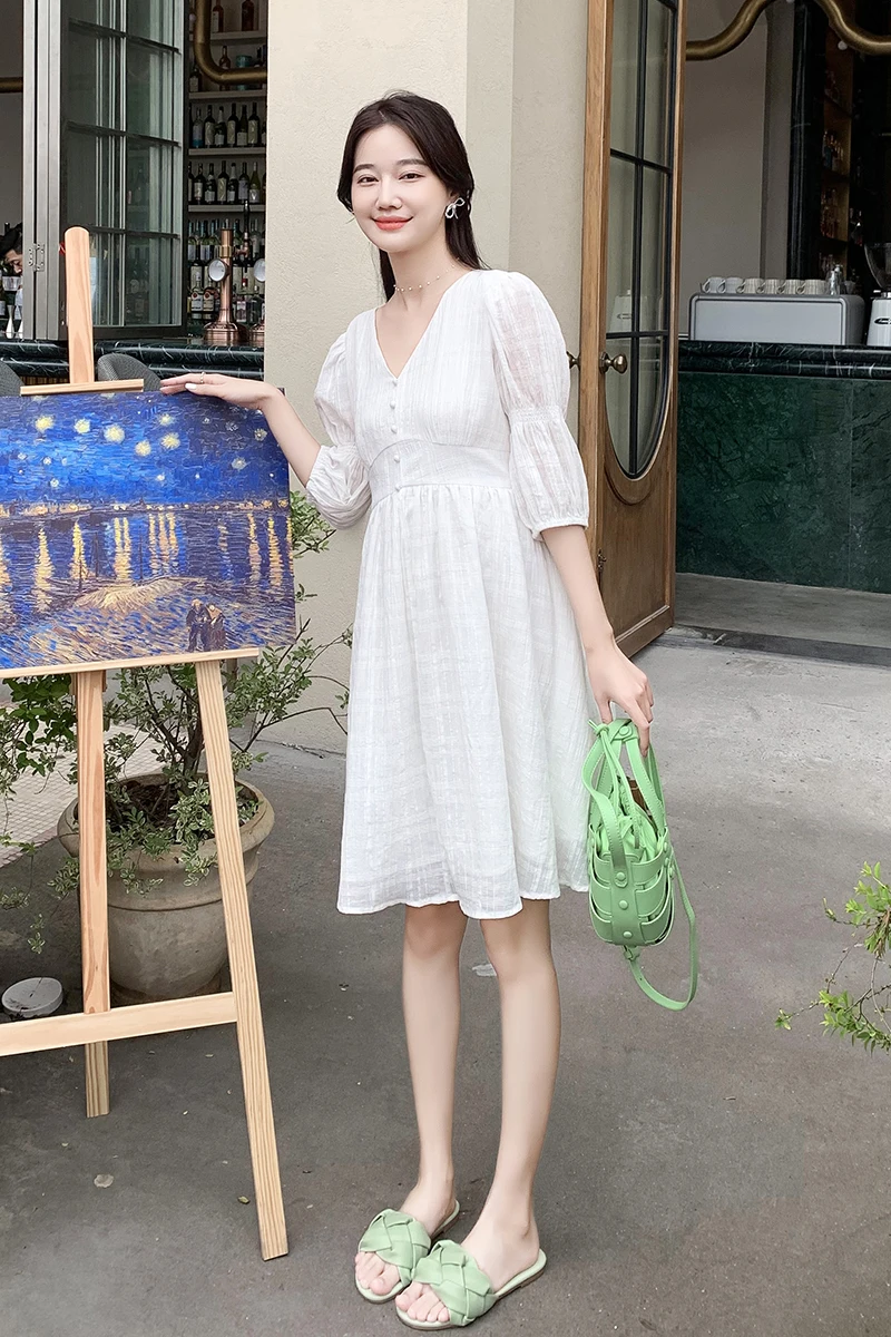 

5103# 2021 Summer Korean Fashion Cotton Maternity Dress V Neck Slim Waist A Line Loose Clothes for Pregnant Women Chic Pregnancy