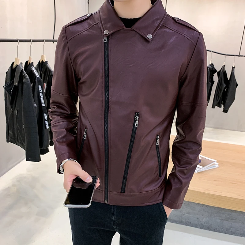 Черная мотоциклетная мужская куртка Chaqueta Hombre кожаная винно-красная Модная