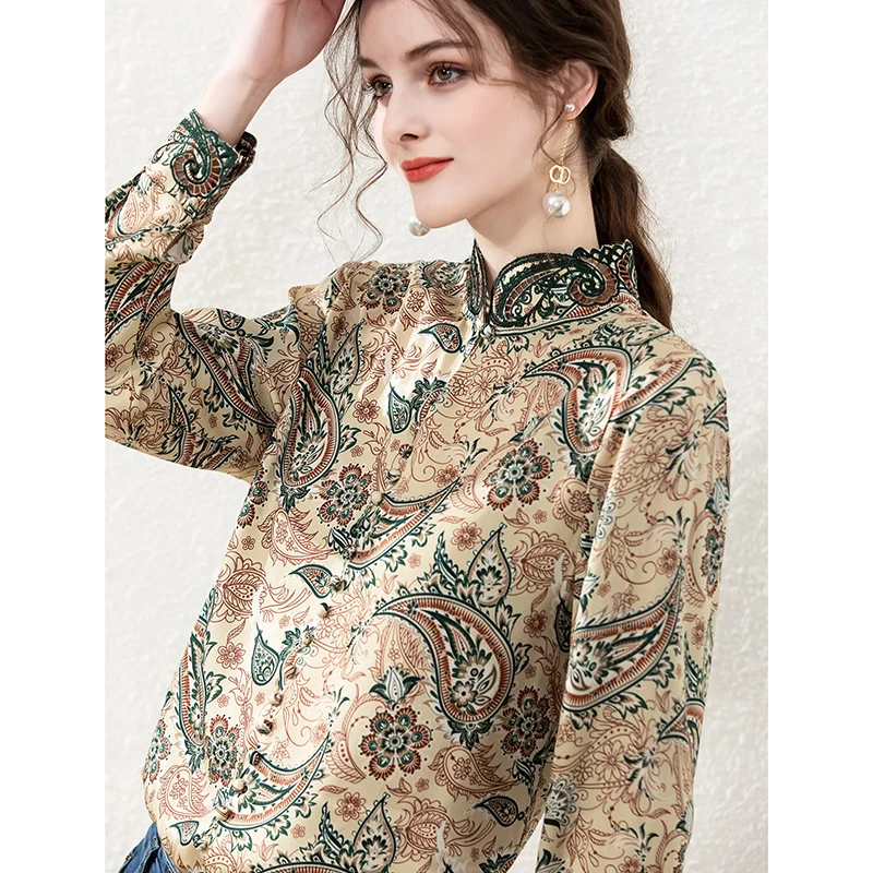 

100% Silk Women's Shirt Stand Collar Long Sleeves Printed Embroidery Piping Fashion Casual Blouse Camisas