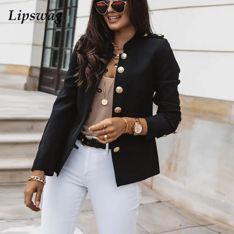 

Retro Button Stand Collar Blazer Coat Women Solid Elegant Office Lady Spring Tops Jacket Autumn Long Sleeve Fashion Suit Outwear
