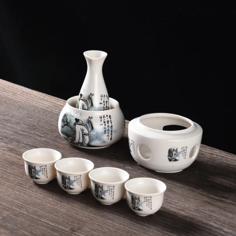 Cool Designer Ceramic 4 Cup Wine Pot Set Vintage Sake Warmer Jug Glasses Household Spirits Rice Vodka Copas De Vino | Дом и сад