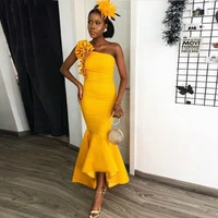 sexy yellow party dresses mermaid evening dress one shoulder ruffles slim ankle length cheap evening gowns for wedding