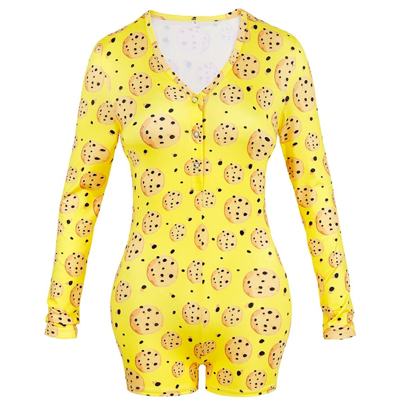

Women’s Casual Sportswear Pajama Print Bodysuit Long Sleeve Button V Neck Bodycon Rompers Yoga Playsuit Summer Outfits