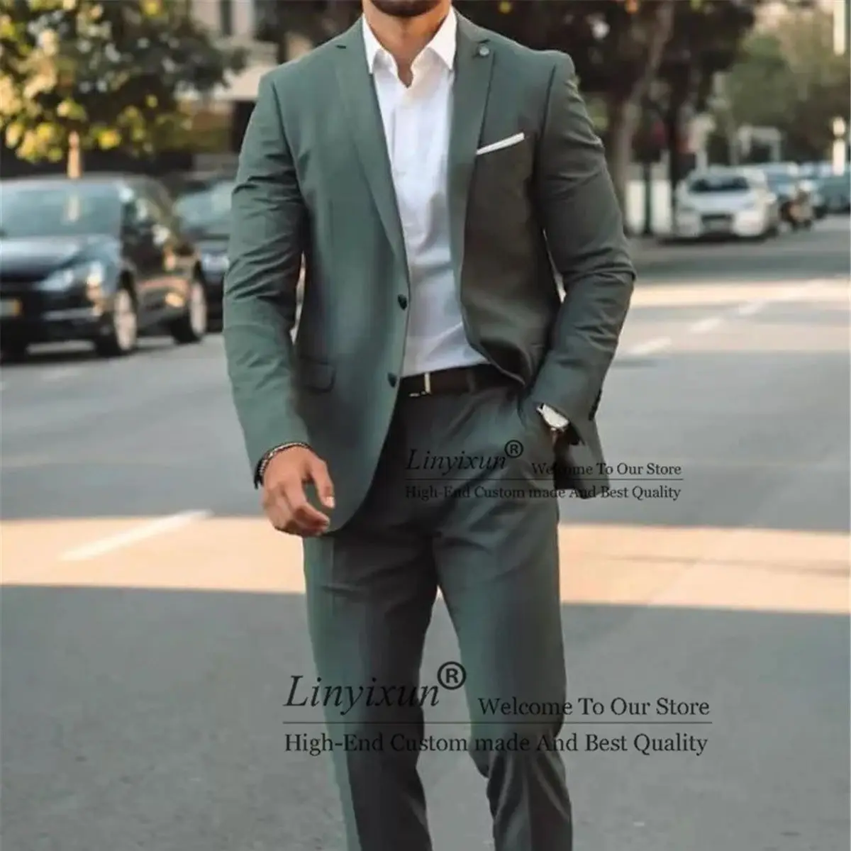 

Groomsmen Men Suits Set Sark Green Formal Suit Jacket Pants Slim Business Tuxedo 2 Piece Suit Terno Wedding Costume Homme