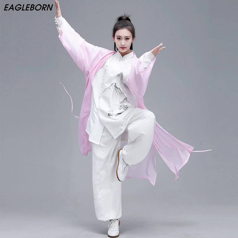 Женский Hanfu Taiji наборы одежды костюм Тан кунг-фу изысканный элегантный тай-чи из трех предметов одежды боевых искусств шаль чернильная живопись