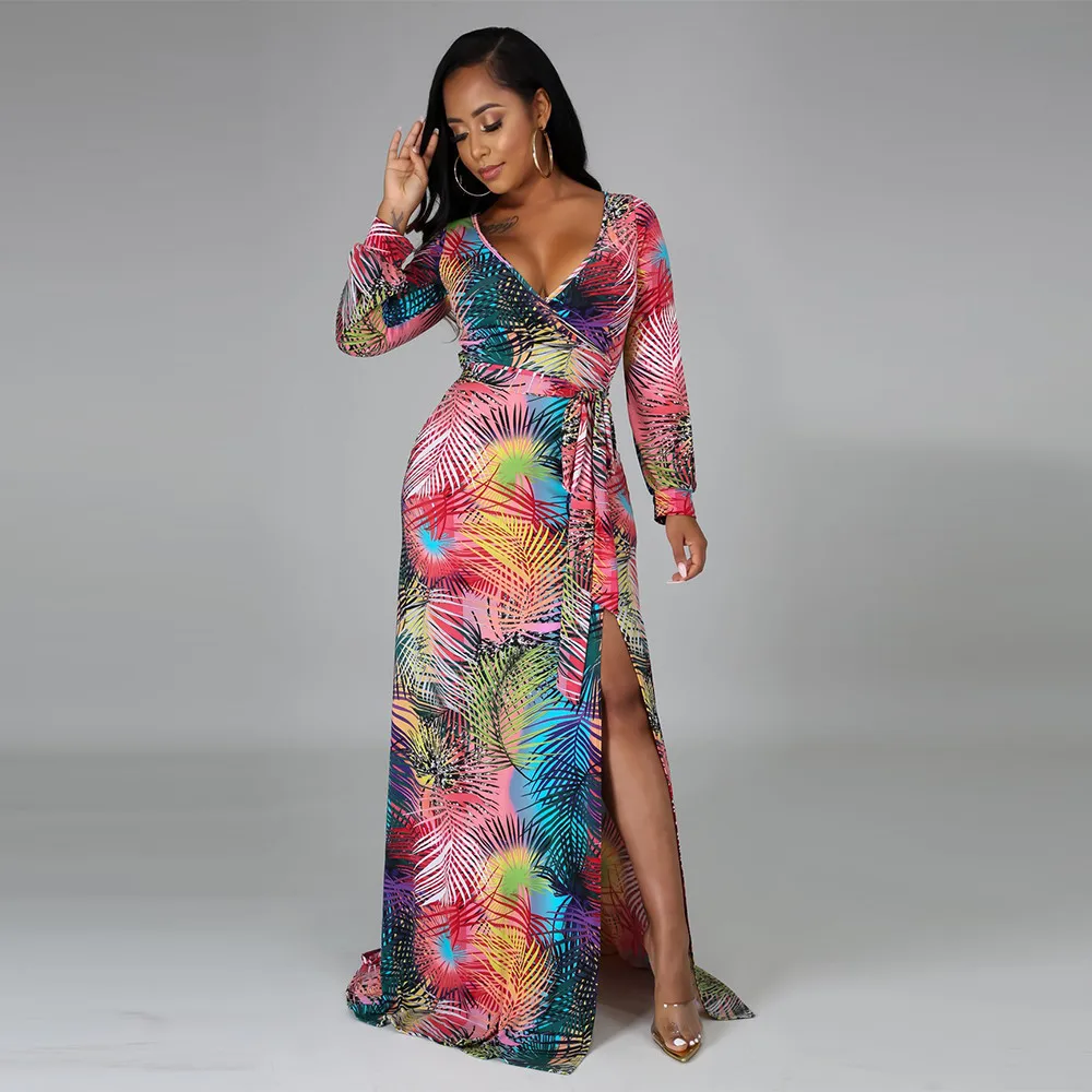 

Women Elegant V Neck Long Sleeve Beach Dress Autumn Leaves Print Side High Split Party Dresses Fashion Boho Floor Length Dress