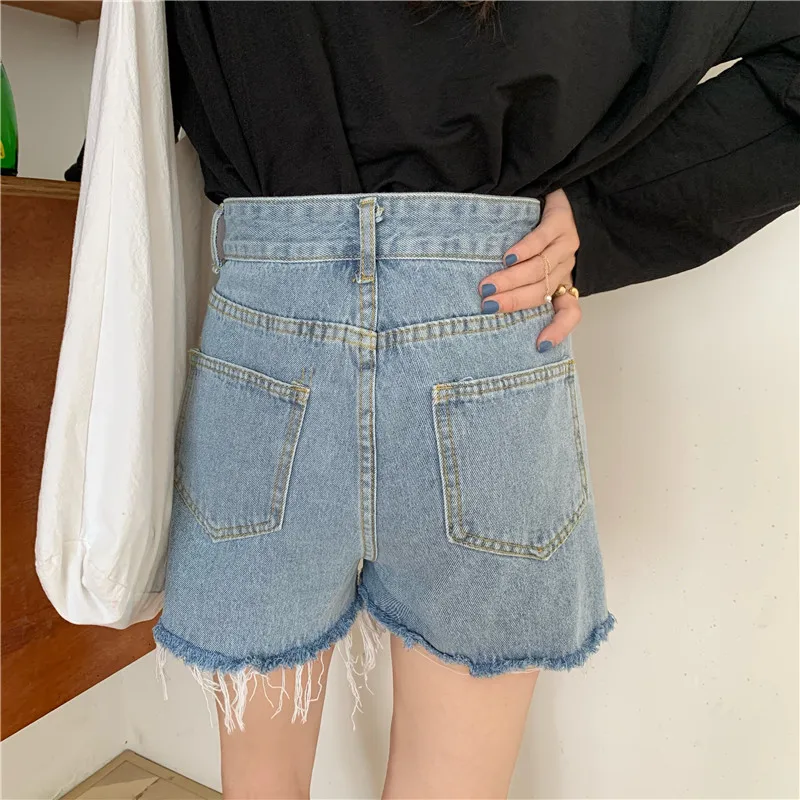 

FTLZZ New Summer Women Chain Splicing Denim Shorts Casual Wide Leg Short Jeans Lady Solid Color High Waist Loose A-line Shorts