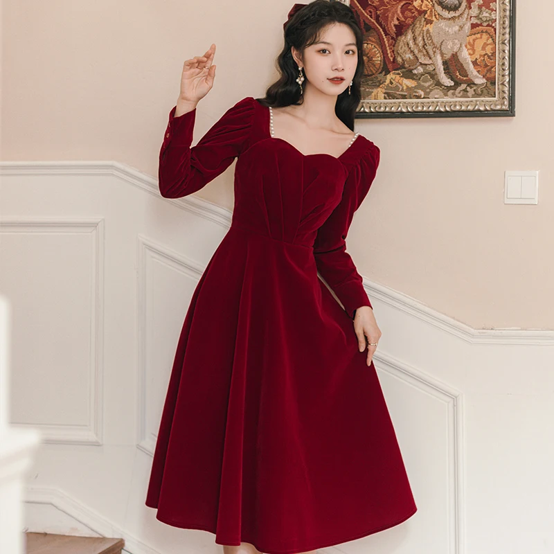 

COIGARSAM женское платье зима 2021 офисные женские винтажные с длинным рукавом однотонные квадратные воротники Высокая талия жемчужные на молнии...