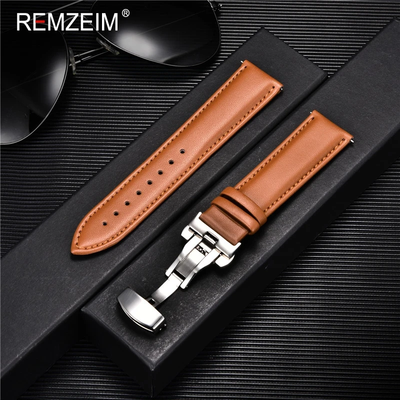 REMZEIM Calfskin Strap Soft Leather Watchband Replacement 18 20 22 24mm Casual Watch Band With Stainless Steel Butterfly Buckle