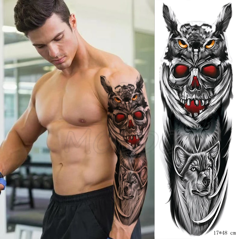 

Full Arm Waterproof Temporary Tattoo Sticker Skull Red Eye Owl Wolf Animal Feather Art Fake Tatoo Flash Tatto for Man Woman