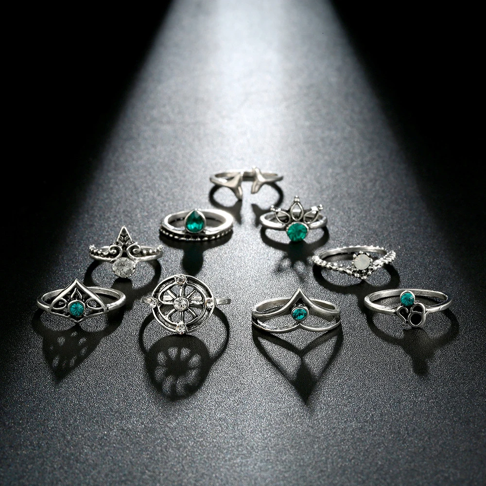Meyfflin Винтаж Тарельчатая комплект для Для женщин модные Anel Aneis Bague камень серебро Миди палец кольца Бохо ювелирные изделия 10 шт./компл
