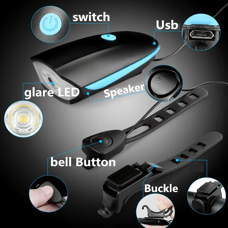 Bicycle Bell USB Charging Flashlight Waterproof Bike Horn Light Headlight Cycling Multifunction Electric 120db | Спорт и развлечения
