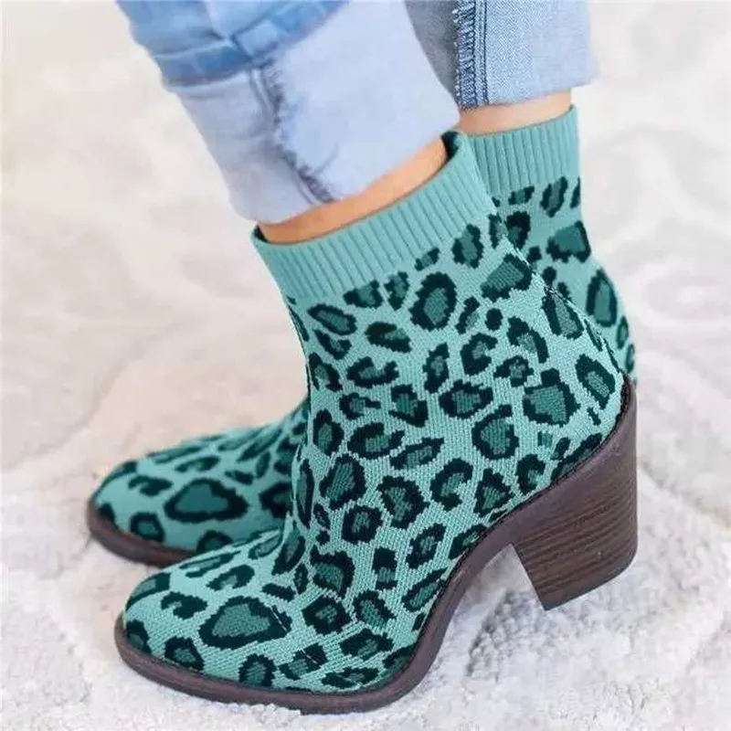 Women's Leopard Ankle Boot Knitting Woman Sock Boots Fashion Autumn Female Block Chunky Heels Comfortable Ladies Short